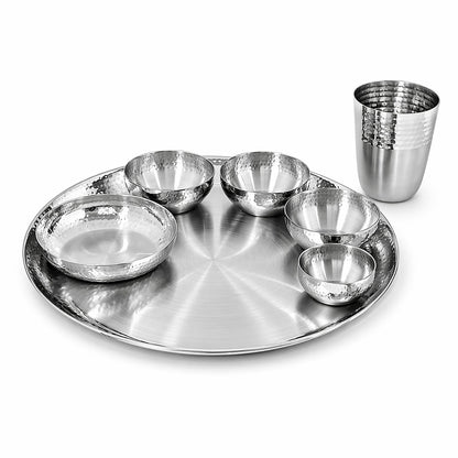 13 Inch Stainless Steel Hammered Dinner Thali Set – 7 Piece Premium Matt Finish