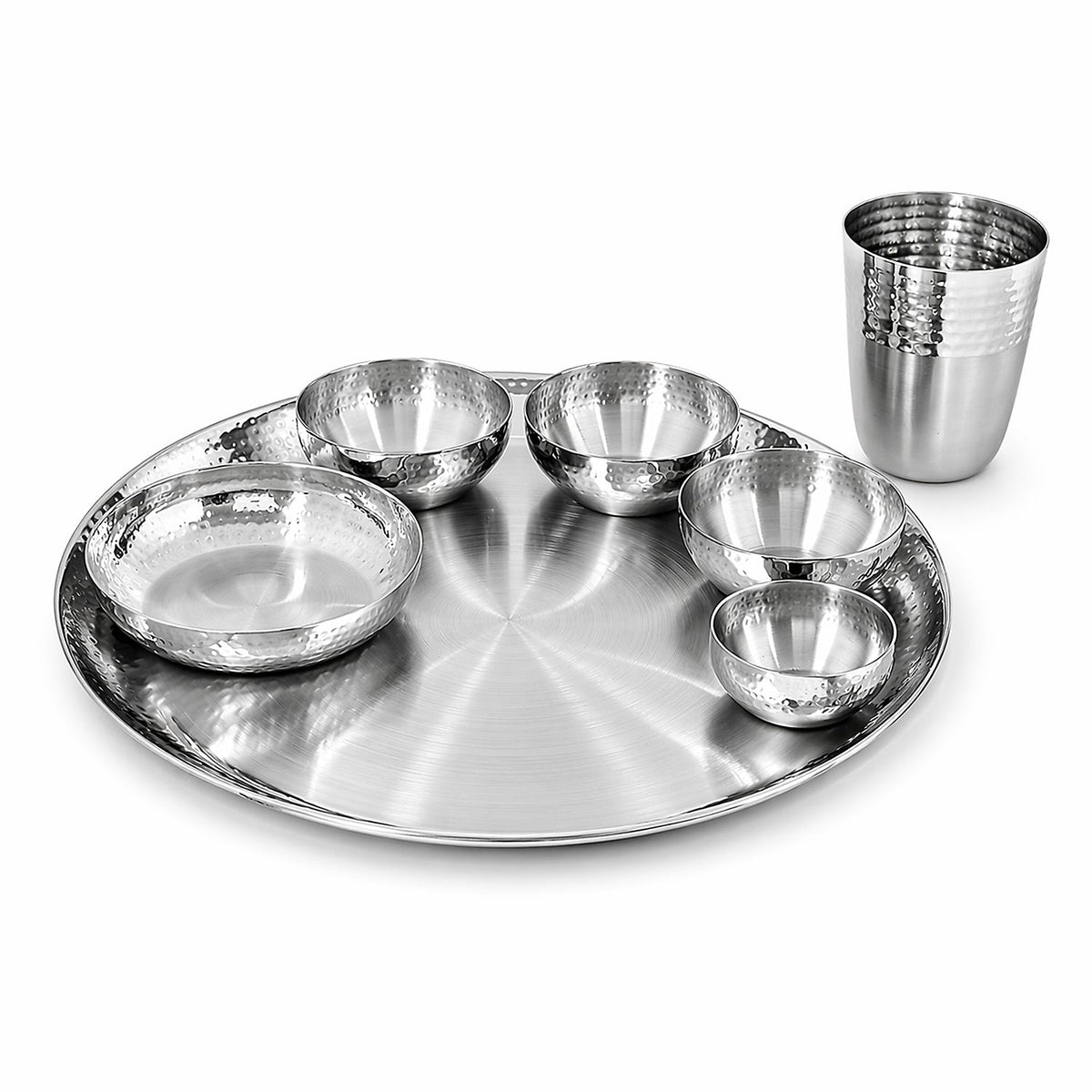 Stainless Steel Matt Finish Thali Set, 11" Round, Hammered Border, 7 pcs set