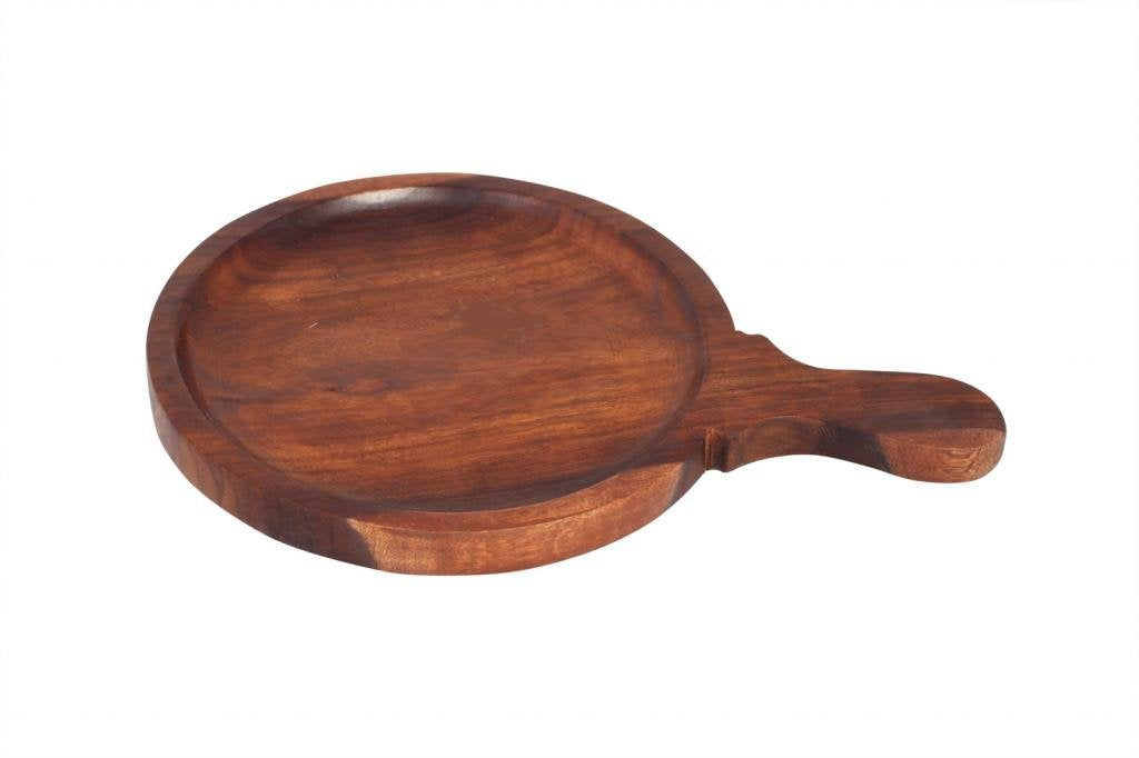 14" Round Wooden Serving Platter or Pizza Bat with Handle