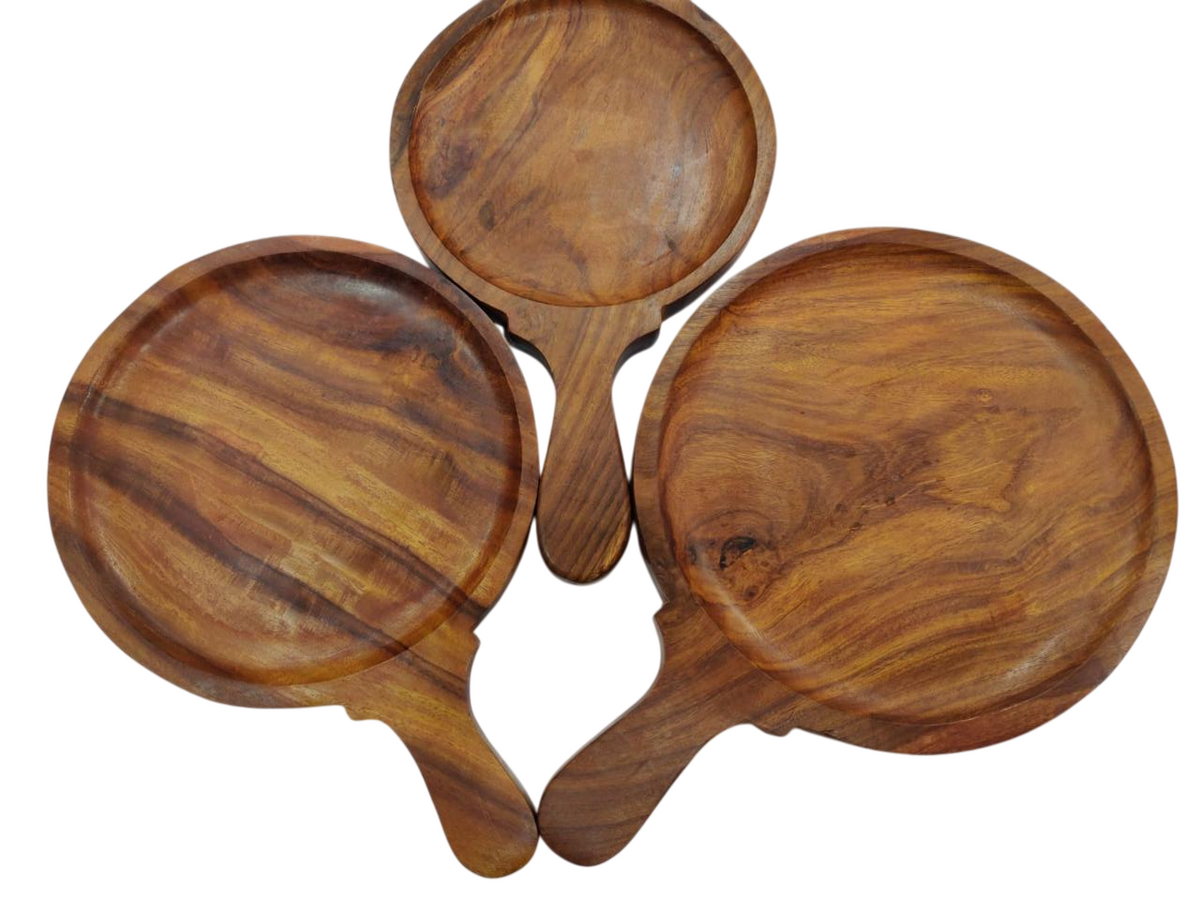 14" Round Wooden Serving Platter or Pizza Bat with Handle