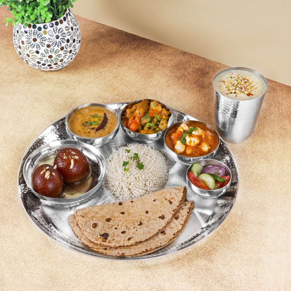 Stainless Steel Matt Finish Thali Set, 11" Round, Hammered Border, 7 pcs set