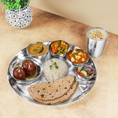 Stainless Steel Matt Finish Thali Set, 11" Round, Hammered Border, 7 pcs set